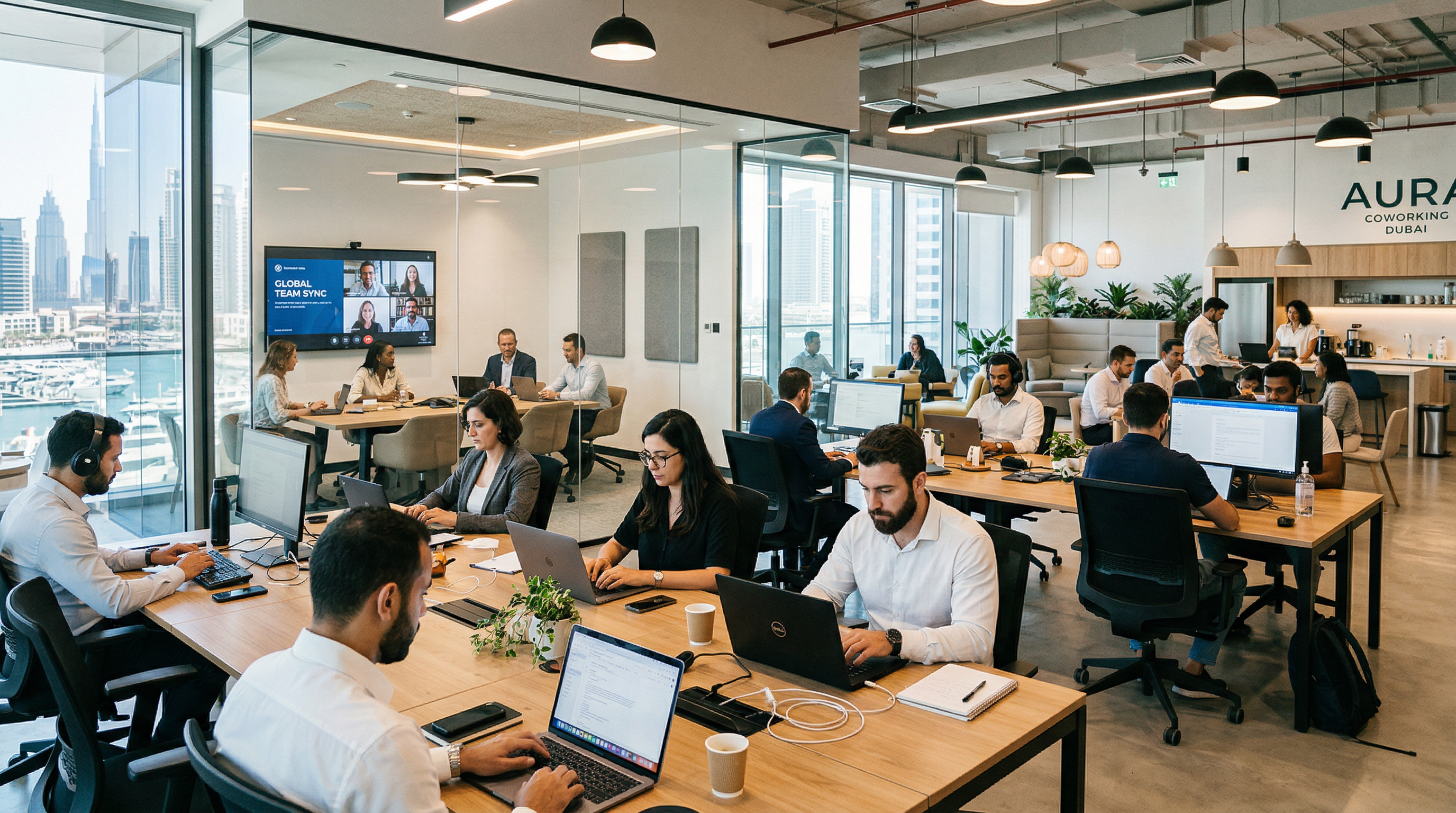 Busy coworking space with multiple professionals on video calls