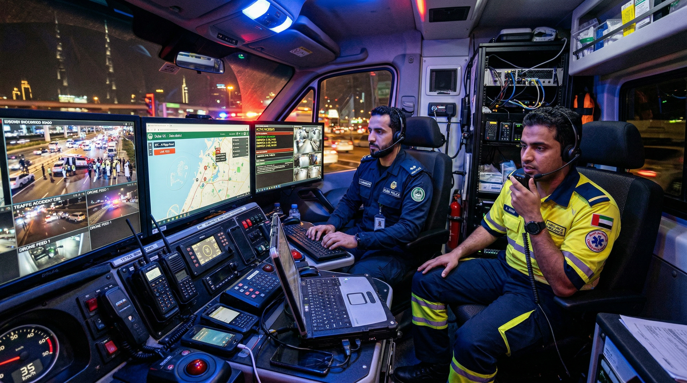 Emergency command vehicle with officers monitoring live feeds and communications